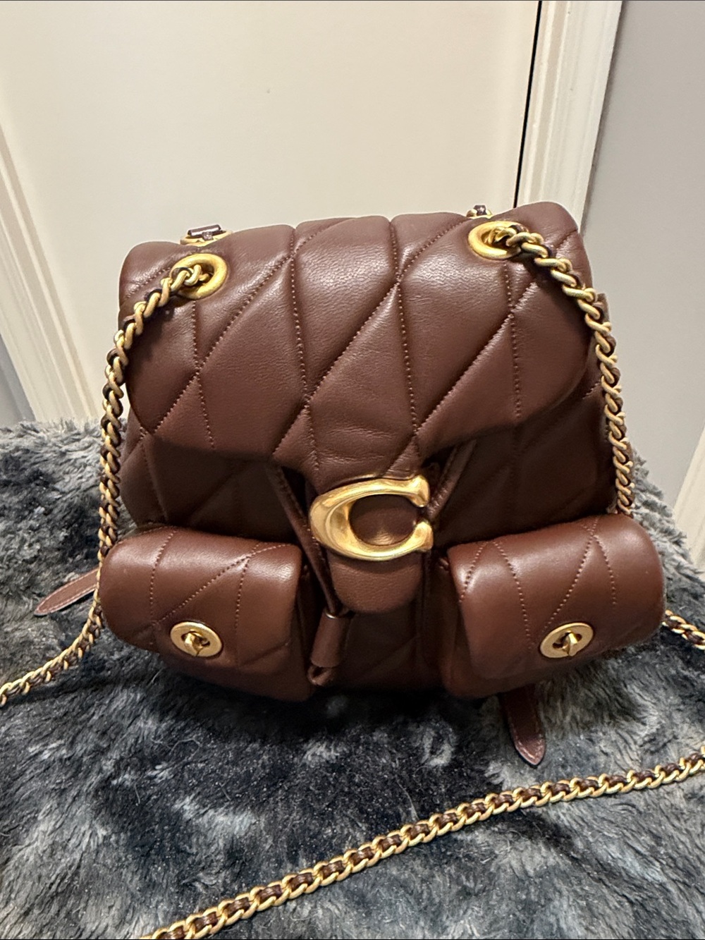 Coach Quilted Brown Leather Chain Backpack with Gold Hardware